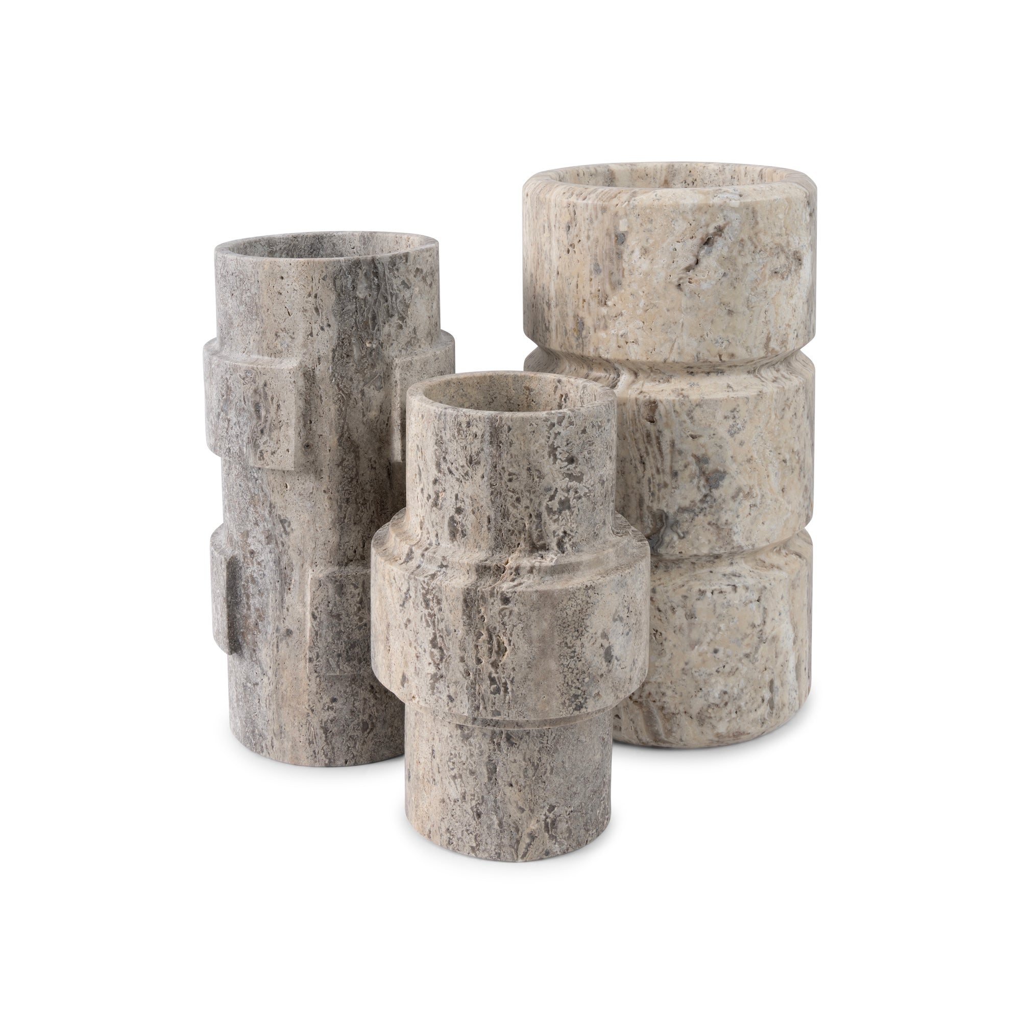 Set of stone-textured cylindrical vases on a white background