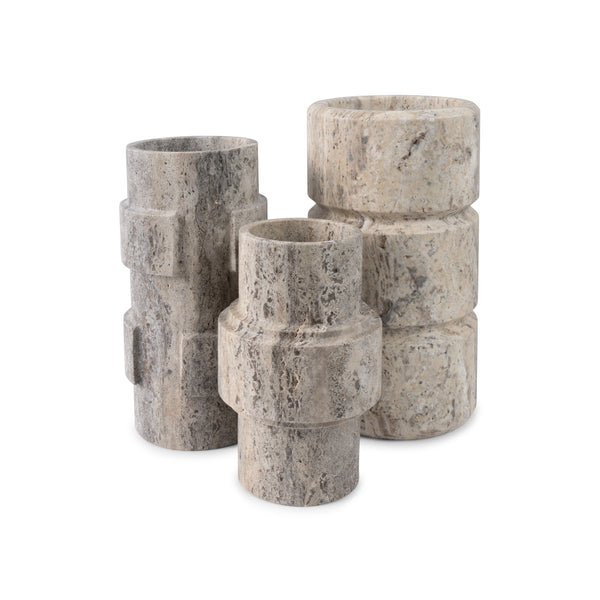 Set of stone-textured cylindrical vases on a white background